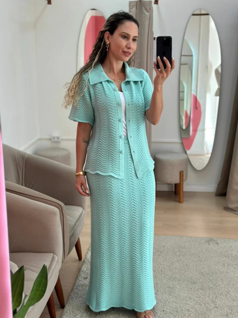 Conjunto Tricot - Saia e Blusa Botão - Verde Àgua - comprar online