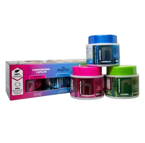 KIT CRONOGRAMA CAPILAR VEGANO HIDRATAÇÃO, NUTRIÇÃO E RESTAURAÇÃO 500G ALQUIMIA