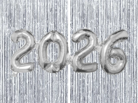 KIT DECORAÇÃO ANO NOVO 2026 BALÃO PRATA + CORTINA PRATA