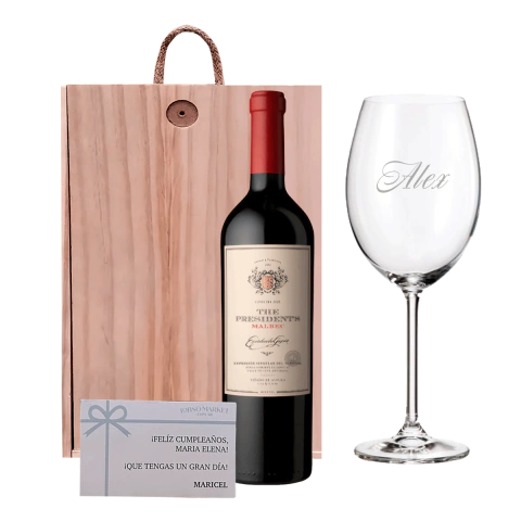 Estuche Regalo Vino President's Blend con copa grabada - tienda online