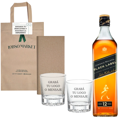 Johnnie Walker Black Label 750ml + 2 Vasos Cristal Grabados