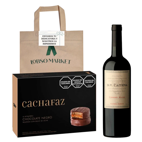 Kit Regalo Vino Dv Catena Cabernet Malbec + Caja de Alfajores Chocolate negro Cachafaz