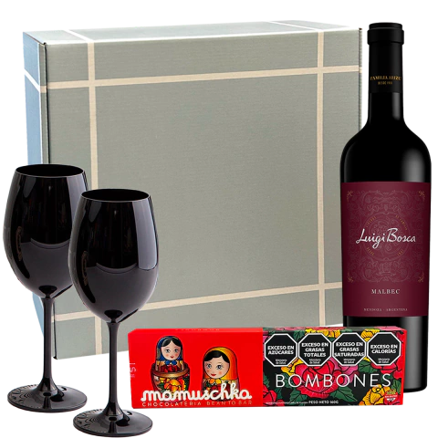 Caja Regalo Cumpleaños Aniversario Vino Copas Choco Rapanui - comprar online