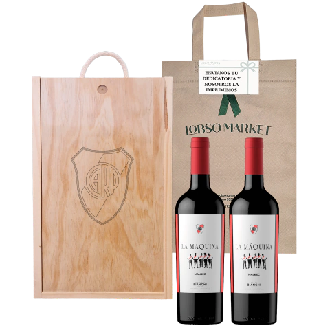 Estuche Madera Grabado con 2 Vinos River Plate La Maquina