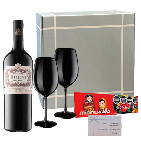 Caja Regalo Rutini Cabernet Malbec, Copas Y Bombones Mamuschka