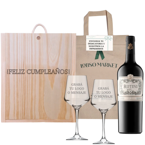 Kit Regalo Estuche Madera Rutini Malbec + 2 Copas Grabadas - comprar online