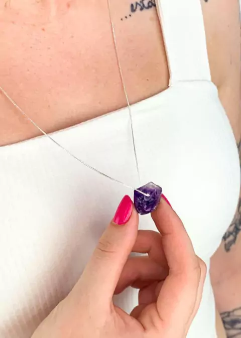 Colar Longo Ponta Ametista Bruta Banho Prata