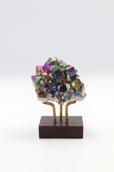 Pinha Drusa Titânio Rainbow na Base Madeira Marrom