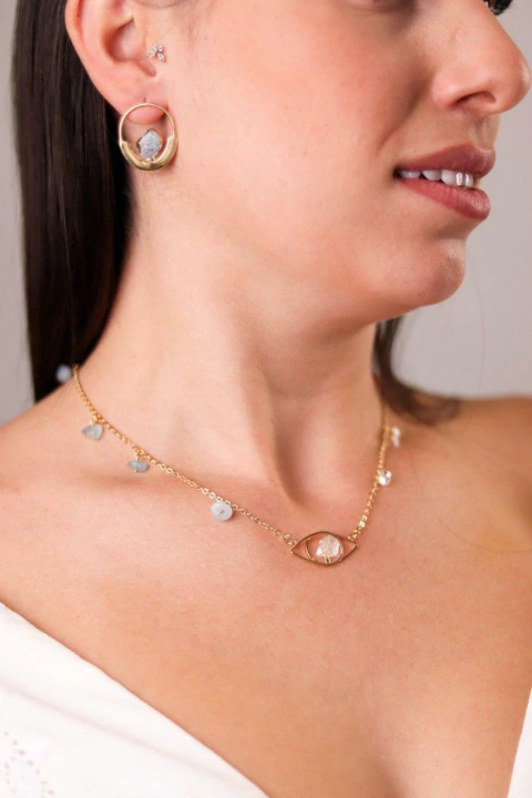 Colar Água Marinha Olho Grego Banho Ouro