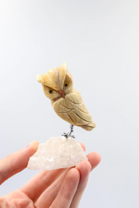 Coruja Dolomita Amarela na Base Drusa de Cristal
