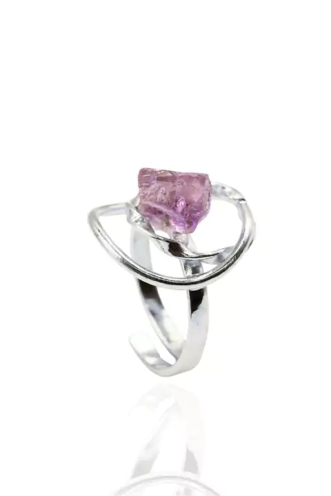 Anel ajustável Pedra Natural Ametista banhado Prata