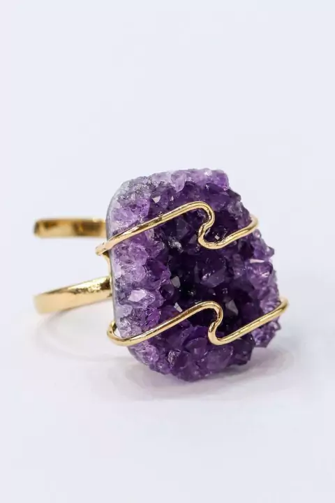Anel Drusa Ametista Ajustável Banho Ouro