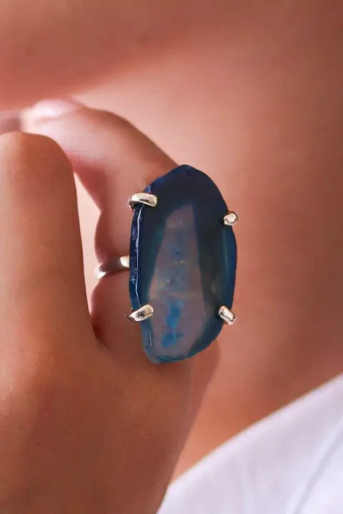 Anel Ajustável Chapa de Ágata Azul Banhado Prata