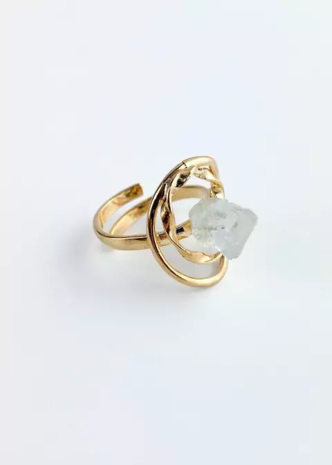 Anel ajustável Pedra Natural Água Marinha banhado Ouro 18K