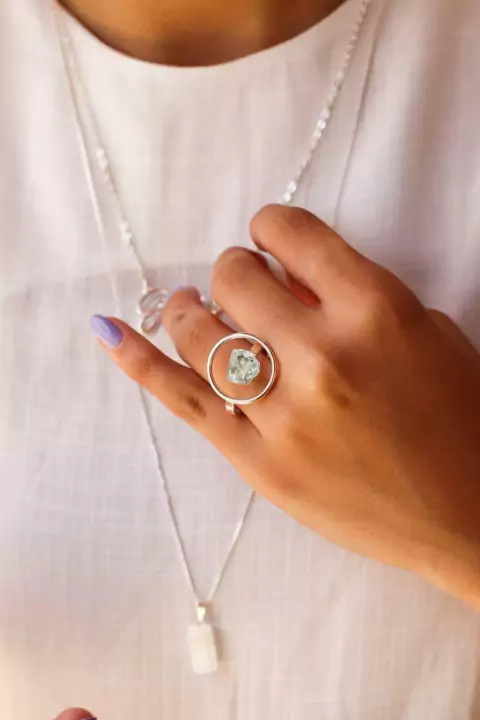 Anel Água Marinha Ajustável Banho Prata