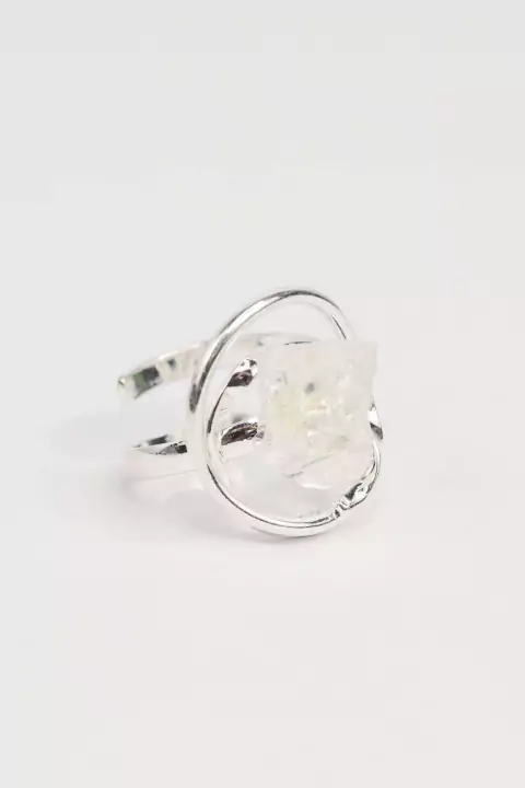 Anel ajustável Pedra Natural Cristal banhado Prata