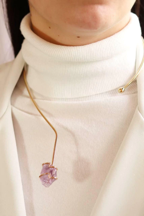 Choker Pedra Natural Ametista Abraço Banho Ouro
