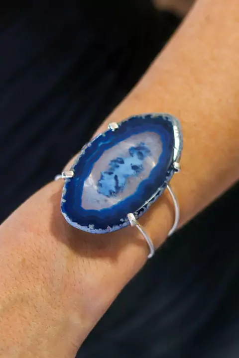 Bracelete Chapa de Ágata Azul Banhado Prata