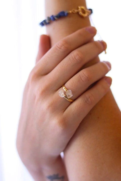 Anel Cristal de Quartzo Duo Ajustável Banho Ouro