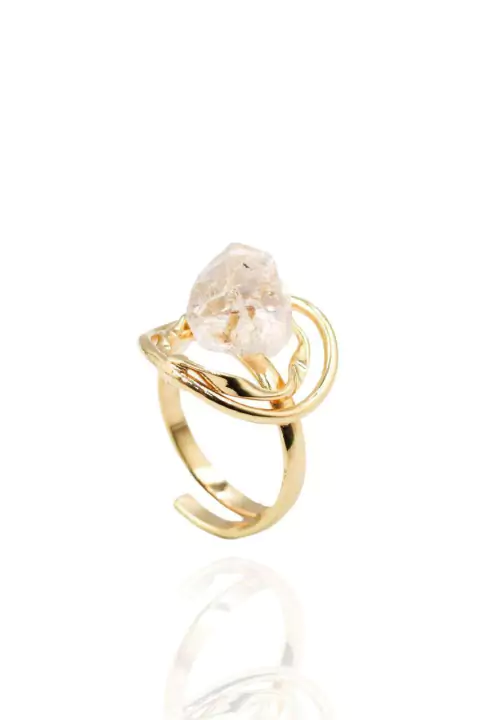 Anel ajustável Pedra Natural Cristal banhado Ouro 18K