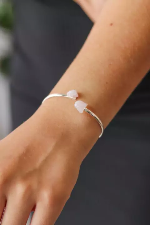 Bracelete duo Quartzo rosa bruto banho prata