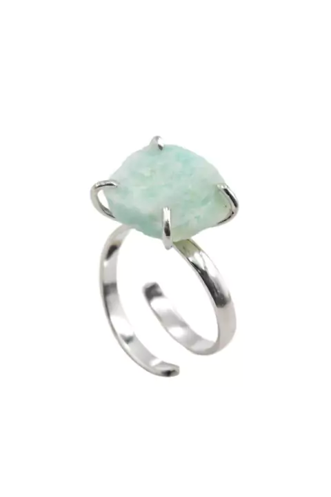 Anel Amazonita Bruta com Garra Ajustável Banhado Prata