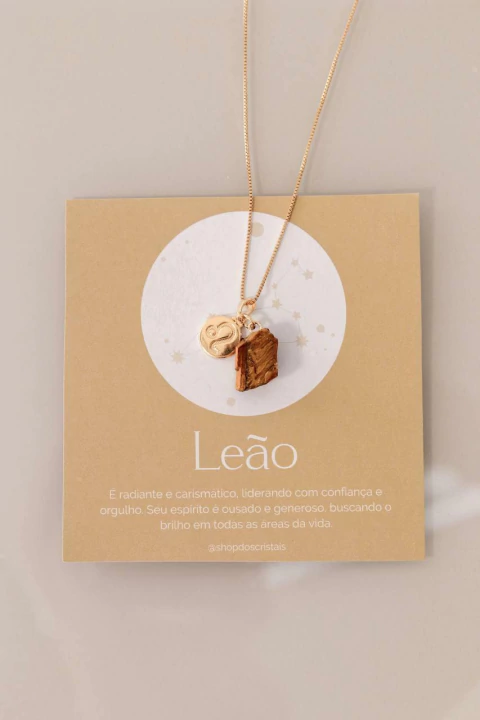Colar Signo Leão - Pedra Olho de Tigre Bruta banhado Ouro