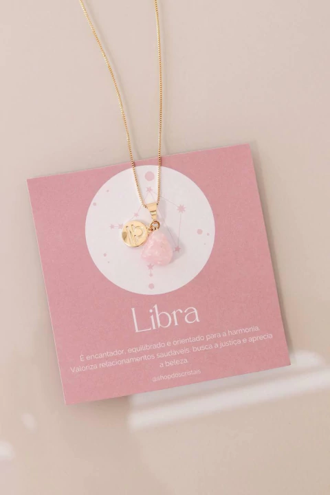 Colar Signo Libra - Pedra Quartzo Rosa Bruto banhado Ouro