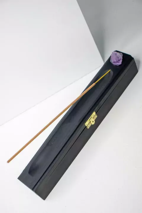 Incensário ponta Ametista box madeira pinus preta