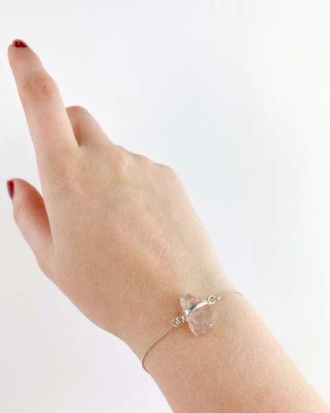 Pulseira Quartzo Rosa bruto Prata 925