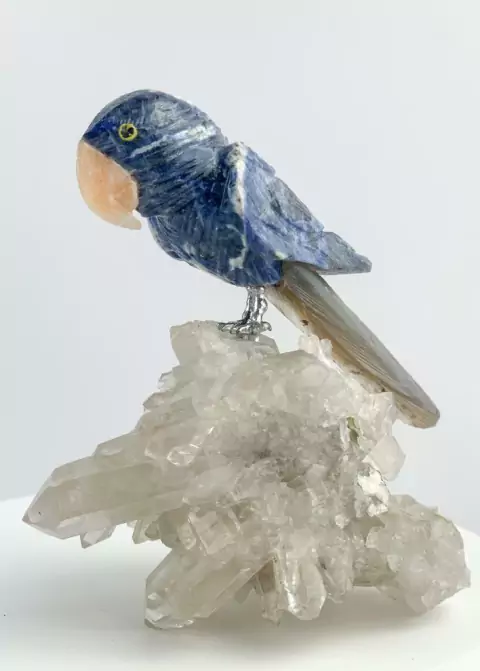 Arara de Sodalita com Ágata Natural e Bico Calcita Laranja na Base Drusa de Cristal