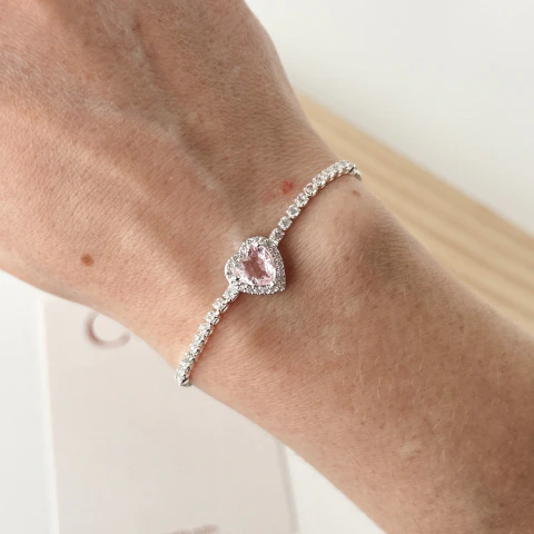 Pulsera Ajustable Corazón Rosado con Cubic Acero Blanco