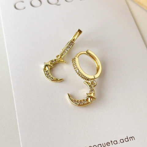 Argollas Luna y Estrella con Cubics Acero Dorado13mm