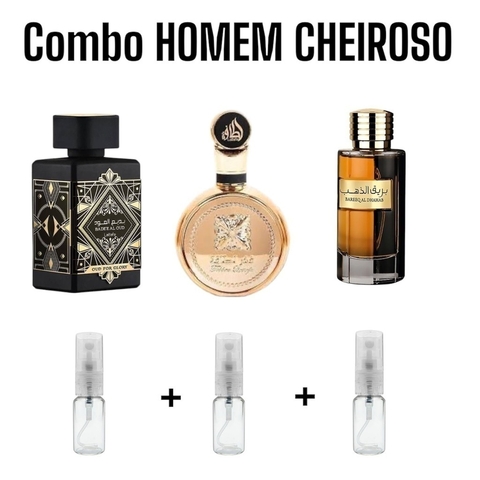 Combo Cheiroso - 3 decantes 5ml - Oud For Glory 5ml + Fakhar Gold 5ml+ Bareeq 5ml