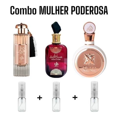 Combo Mulher Poderosa - 3 decantes 5ml - Durrat Al Aros 5ml + Sabah Al Ward 5ml + Fakhar Rose 5ml