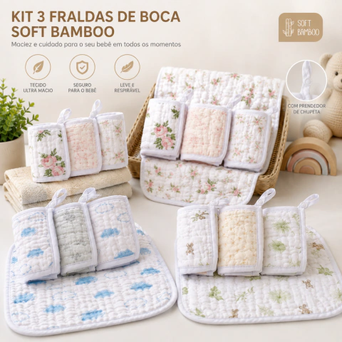 KIT 3 PANINHOS DE BOCA SOFT BAMBOO MAMI COM PRENDEDOR DE CHUPETA | 25 x 25 CM