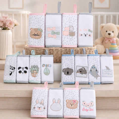 KIT 4 PANINHOS DE BOCA PAPI FRIENDS COM PRENDEDOR DE CHUPETA – 100% ALGODÃO | 38 x 36 CM | BORDADOS