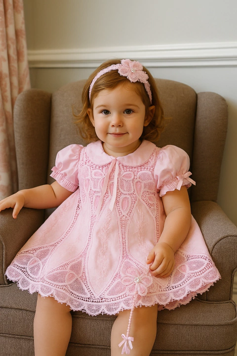 Vestido infantil nesga lágrima em renda renascença rosa - comprar online