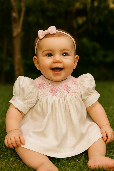 Vestido de bebê off white com bordado rosa bebê