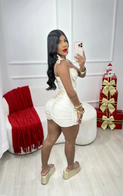 VESTIDO DRAPEADO EM POLIAMIDA ACETINADA COM ARO DE SUSTENTAÇÃO, ALÇA DE AMARRAR E EFEITO EMPINA BUMBUM - loja online