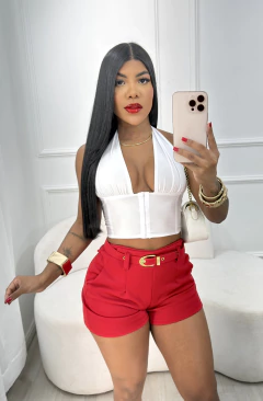 CROPPED ISADORA EM POLIAMIDA ACETINADA COM COLCHETES E BARBATANAS - Samantha Fashion