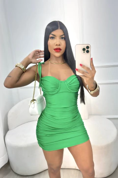 VESTIDO DRAPEADO EM POLIAMIDA ACETINADA COM ARO DE SUSTENTAÇÃO, ALÇA DE AMARRAR E EFEITO EMPINA BUMBUM - comprar online
