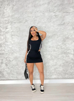 CONJUNTO LISTRA BODY + SAIA EM ANARRUGA COM BOJO - Samantha Fashion