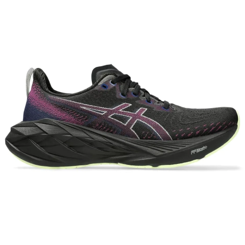Tênis ASICS Novablast 4 - Feminino - Preto com Roxo e Verde