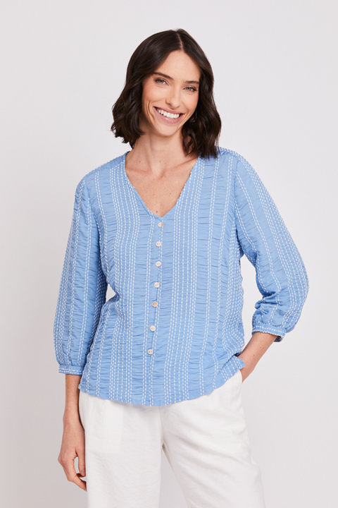 BLUSA BATA DEC V EM LISTRA PONTILHADA ANA RUGA C/ MG 3/4 - comprar online