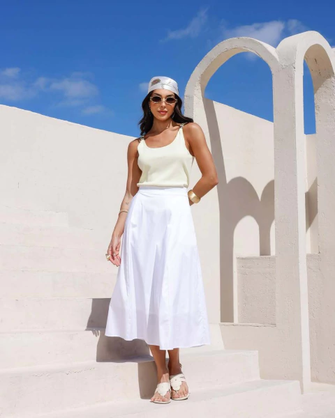 SAIA MIDI EVASE EM TRICOLINE C/ ELASTICO COSTAS E BOLSO LATERAL - comprar online