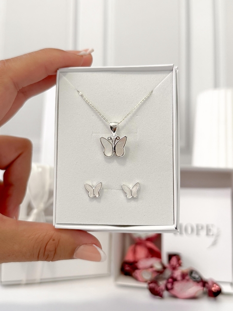 BOX 13 CADENA DIJE MARIPOSA NACAR Y AROS PLATA 925 - comprar online