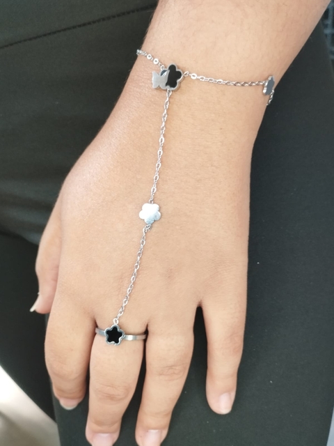 Pulseira com Anel Florzinha e Borboleta em Aço Inox