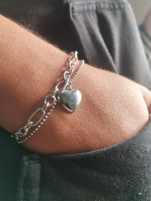 Pulseira Dupla Corrente Bolinha BCOL 035 Pingente Coração Boleado M em Aço Inox