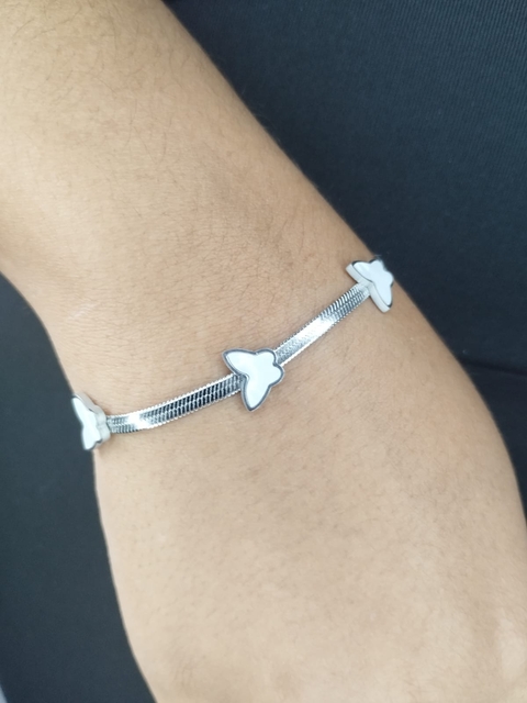 Pulseira Fita Borboleta Resinado Branco em Aço Inox